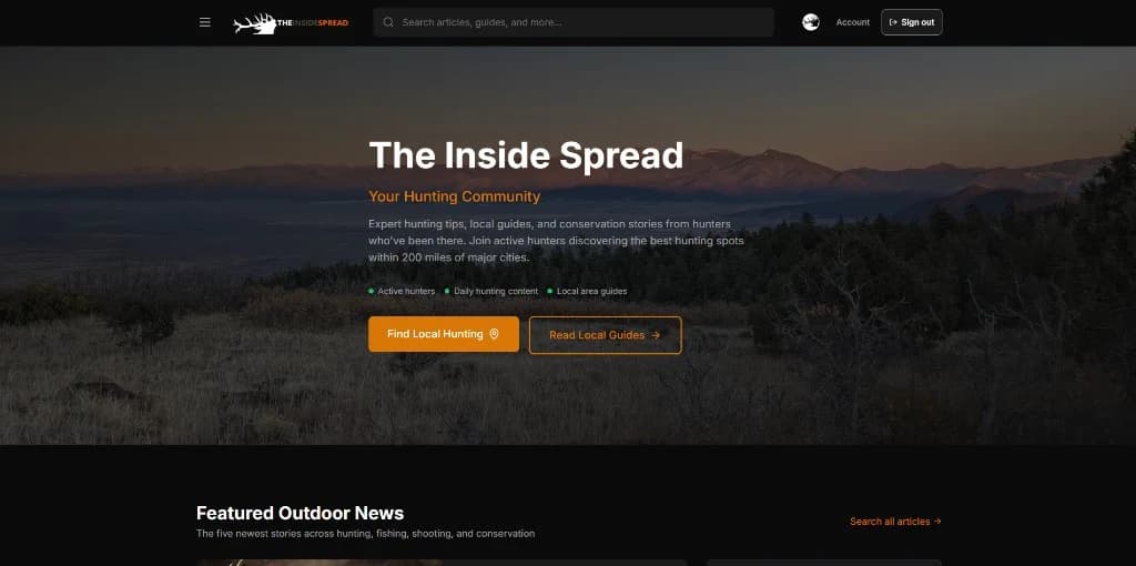 The Inside Spread homepage — hunting community and publishing site we designed and shipped
